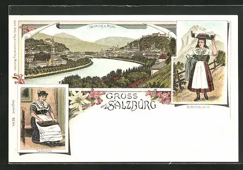 Lithographie Salzburg, Gesamtansicht, Butterbäuerin & Sennerin