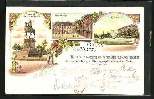 Lithographie Metz, Esplanade, Hauptwache, Denkmal Kaiser Wilhelm I.