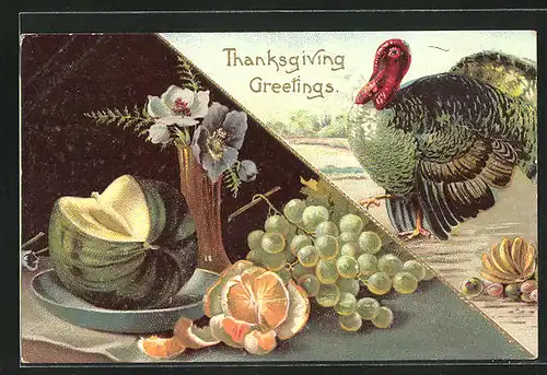 Präge-AK Thanksgiving, Truthahn und Tisch mit Obst