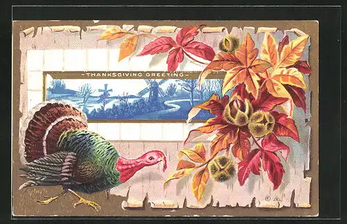 Präge-AK Thanksgiving, Truthahn und Landschaftsbild mit Windmühlen