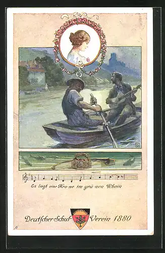 AK Deutscher Schulverein Nr. 91: Mann mit Gitarre im Ruderboot, Lied: Es liegt eine Krone im grünen Rhein