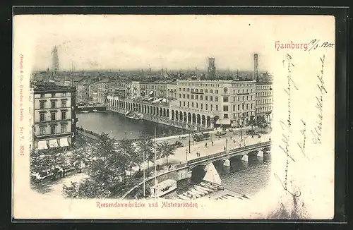 Relief-AK Hamburg, Reesendammbrücke und Alsterarkaden