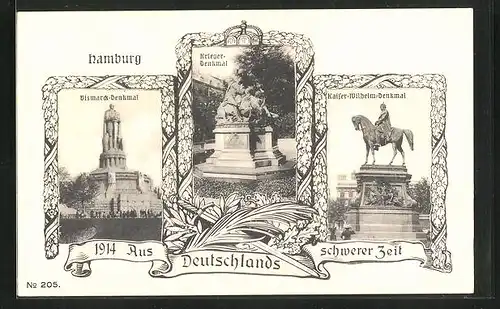 AK Hamburg, Bismarck-Denkmal, Krieger-Denkmal, Kaiser Wilhelm-Denkmal