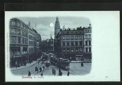 Mondschein-AK Hamburg, Grosser Burstah mit Strassenbahn