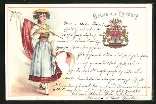 Präge-Lithographie Hamburg, Junge Frau mit Fahne, Wappen