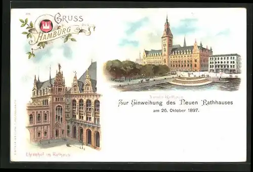 Lithographie Hamburg, Einweihung neues Rathaus am 26. Oktober 1897, Ehrenhof im Rathaus