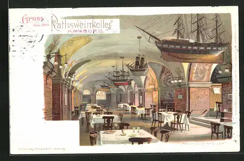 Lithographie Hamburg, Ratsweinkeller - Grundsteinkeller