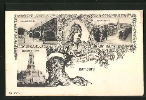 AK Hamburg, Hauptbahnhof, Lombardsbrücke, Bismarck-Denkmal