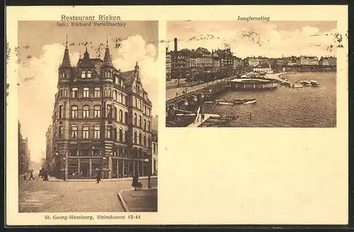 AK Hamburg-St.Georg, Restaurant Rieken, Inh. Richard Perwitzschky, Jungfernstieg-Panorama