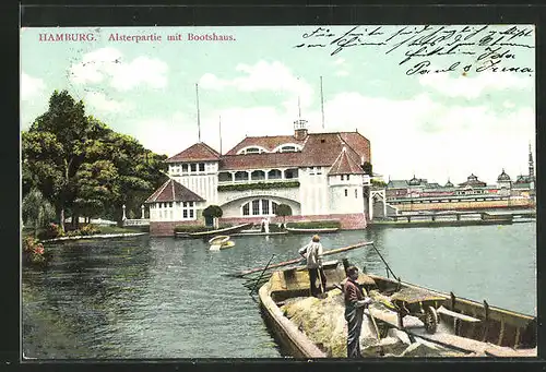 AK Hamburg-St.Georg, Alsterpartie mit Bootshaus
