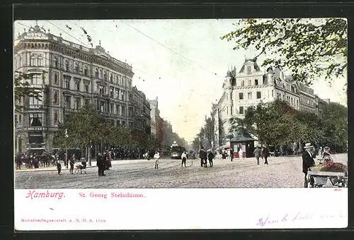 AK Hamburg-St.Georg, Steindamm-Strasse mit Passanten und Strassenbahn