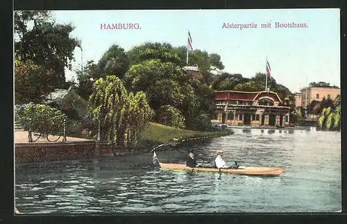 AK Hamburg-St.Georg, Alsterpartie mit Bootshaus