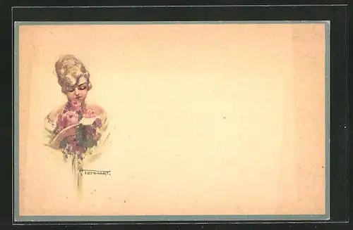 Künstler-AK sign. Lenhart: Schönes Fräulein liest die Karte eines Blumenstrausses