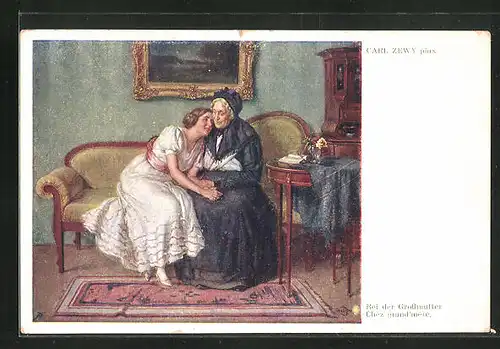 Künstler-AK Carl Zewy: Bei der Grossmutter, Enkelin sitzt mit der Grossmutter auf dem Sofa