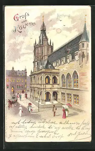 Lithographie Köln, Rathaus, Halt gegen das Licht: mit Mondschein und Beleuchtung bei Nacht