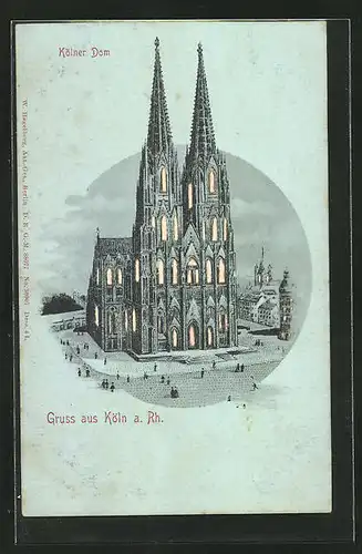 Lithographie Köln, Kölner Dom, Halt gegen das Licht: nachts bei Beleuchtung