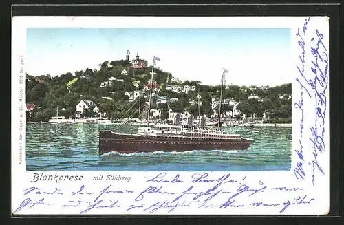 Goldfenster-AK Hamburg-Blankenese, Blick von der Elbe auf den Süllberg