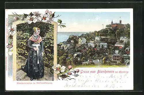 AK Hamburg-Blankenese, Totalansicht, Blankeneserin in Nationaltracht