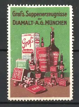 Reklamemarke Graf's Suppenerzeugnisse der Diamalt AG München, Suppenwürfel und Würzflaschen