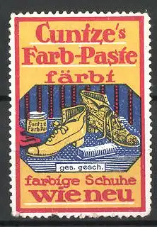 Reklamemarke Cuntze's Farb-Paste färbt farbige Schuhe wie neu, Schuhe, Schuhbürste und Dose