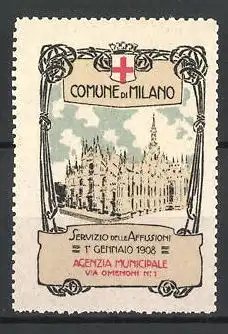 Reklamemarke Milano, Servizio delle Affissioni 1908, Stadtansicht, Rotes Kreuz