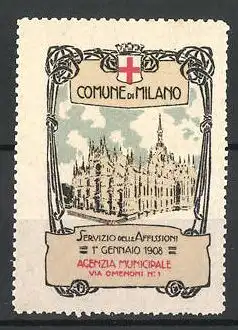 Reklamemarke Milano, Servizio delle Affissioni 1908, Stadtansicht, Rotes Kreuz