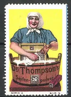 Reklamemarke Dr. Thompson's Seifenpulver, Marke Schwan, Hausfrau mit Waschbrett am Waschfass