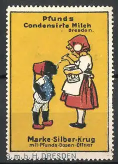 Reklamemarke Pfunds Condensirte Milch, Marke Silber-Krug, Mädchen füttert einen Buben