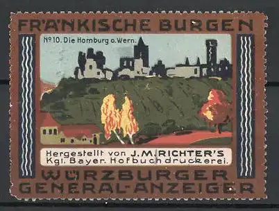 Reklamemarke Gössenheim, Blick auf die Homburg, Serie: Fränkische Burgen, No.10, Hofbuchdruckerei J. M. Richter