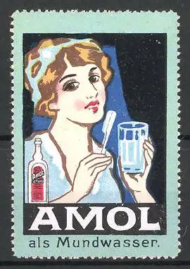 Reklamemarke Amol als Mundwasser, Fräulein mit Zahnbürste und Wasserbecher