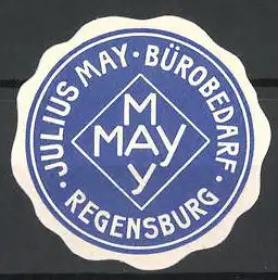 Präge-Reklamemarke Bürobedarf von Julius May, Regensburg, Firmenlogo