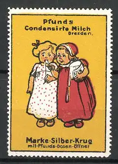 Reklamemarke Pfunds Condensirte Milch, Marke Silber-Krug, zwei Mädchen naschen aus einer Dose