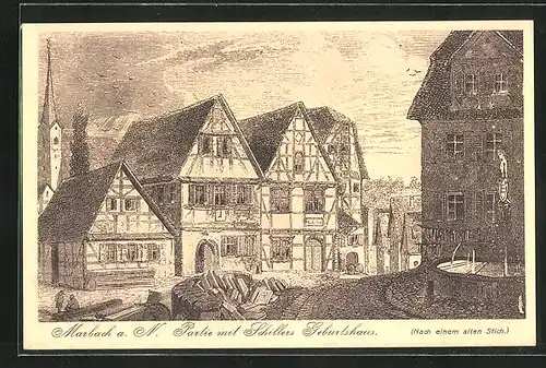 Künstler-AK Marbach a. N., Partie mit Schillers Geburtshaus
