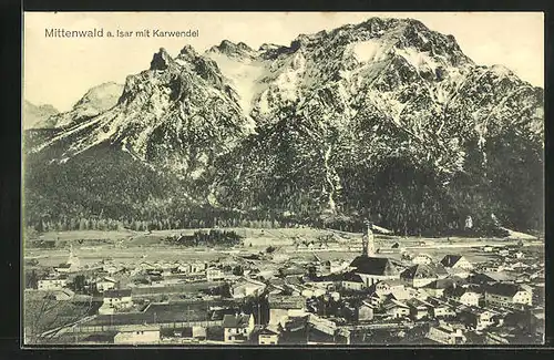 AK Mittenwald a. Isar, Ortstotale mit Karwendel