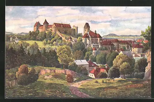 Künstler-AK Füssen am Lech, Gesamtansicht mit dem Schloss