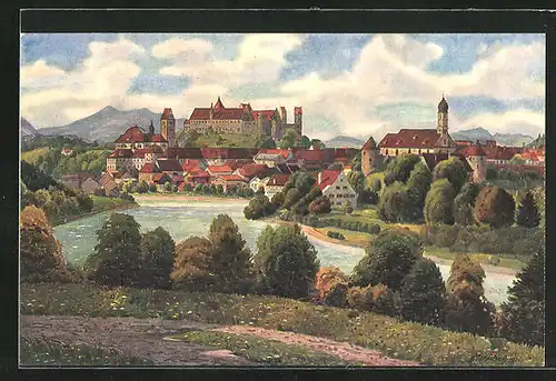 Künstler-AK Füssen am Lech, Generalansicht mit dem Schloss