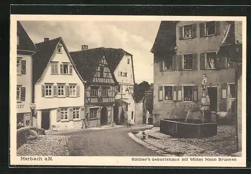 AK Marbach a. N., Schillers Geburtshaus mit Wilden Mann Brunnen