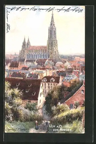 Künstler-AK Ulm a. D., Panoramablick von Norden