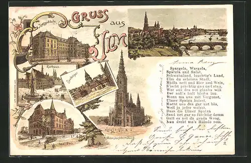 Lithographie Ulm / Donau, Zundelthor, Justizgebäude, Rathaus, Saalbau