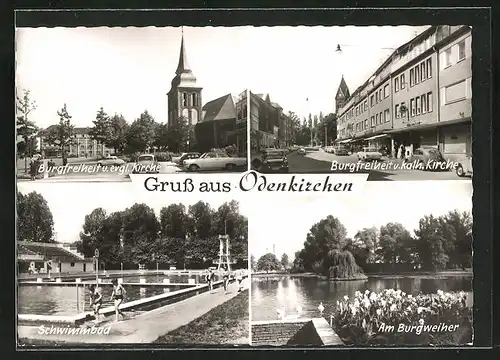 AK Odenkirchen, Burgfreiheit und ev. Kirche, Burgfreiheit u. kath. Kirche, Schwimmbad, Am Burgweiher