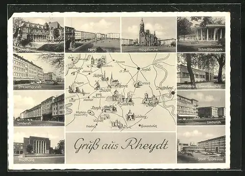 AK Rheydt, Schloss, Markt, Hauptkirche, Stdt Sprkasse, Stadthalle, Stresemannstrasse, Limitenstr. und geograf. Karte