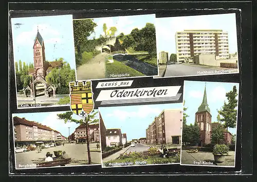 AK Odenkirchen, Kath. Kirche, Nierspartie, Hochhaus Burgbongert, Evgl. Kirche, Burgfreiheit und Reichenberger Strasse