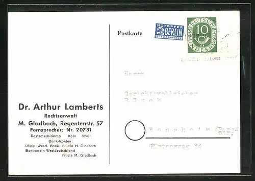 AK Mönchengladbach, Geschäftskarte von Rechtsanwalt Dr. Arthur Lamberts