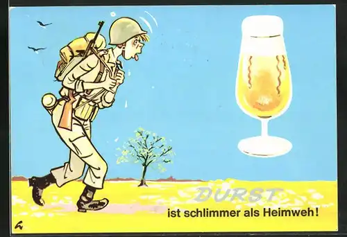 AK Soldat der Bundeswehr in voller Ausrüstung träumt vom Bierglas - Durst ist schlimmer als Heimweh
