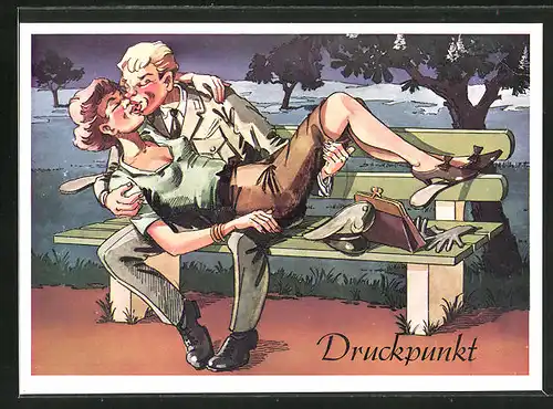 AK Soldat der Bundeswehr küsst seine Geliebte auf einer Parkbank