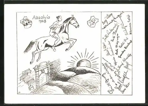 AK Absolvia 1948, Student zu Pferde beim Sprung