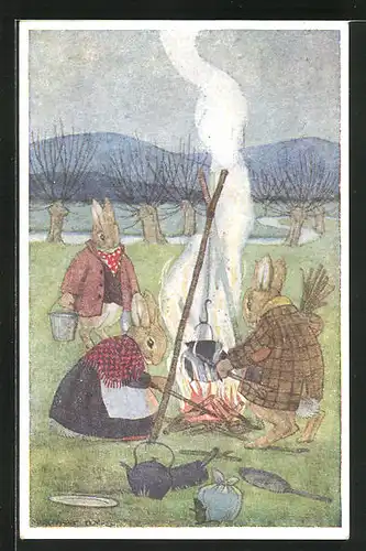 Künstler-AK Margaret Tempest: Hasen am Feuer bereiten das Abendessen