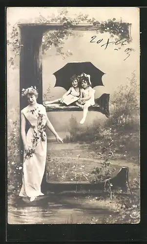 AK Buchstabe E, Junge hübsche Frau und zwei Mädchen unterm Schirm