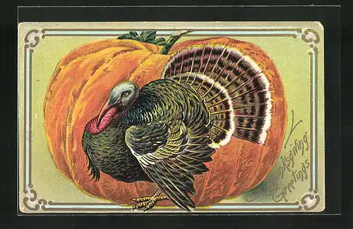 Präge-AK Thanksgiving, Truthahn und Kürbis