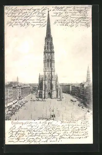 AK Hamburg, Nicolaikirche aus der Vogelschau